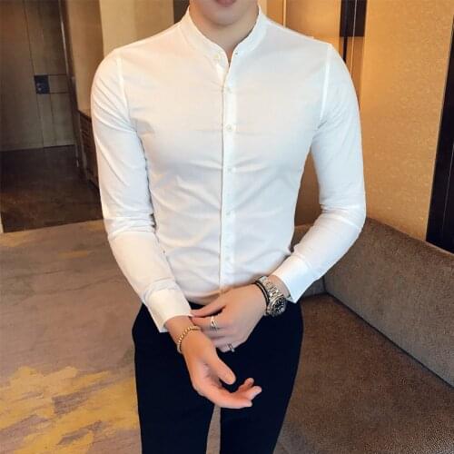 Stylish Black Classic Elegant Mens Clothing 2021 Fashion Plain White Shirts For Mens Chinese Mandarin Collar Formal Wear Social