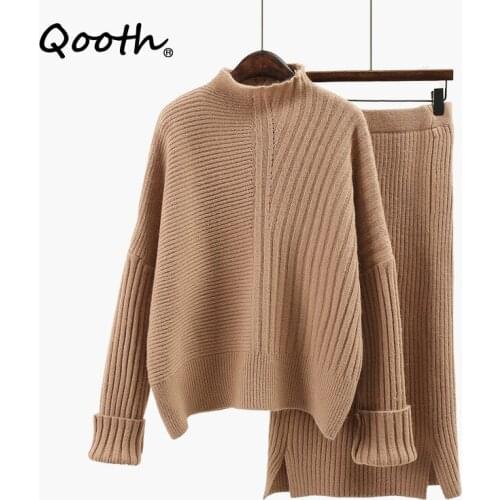 Qooth Winter Loose Two Piece Sweater Set Skirts Women Long Sleeve Knitted Cotton Sweater QT946