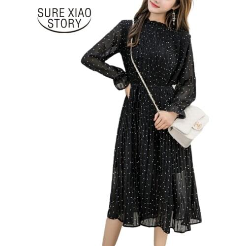 2020 Spring New Korean Fashion Women Long Sleeve Polka Dot Pleated Dress Black Vintage Clothes Lady Long Chiffon Dress 3670 50