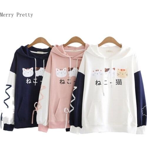 Womens Cartoon Cat Print Funny Hooded Sweatshirt Lace Up Harajuku Cute Hoodies 2020 Spring Long Sleeve Casual Loose Pullovers