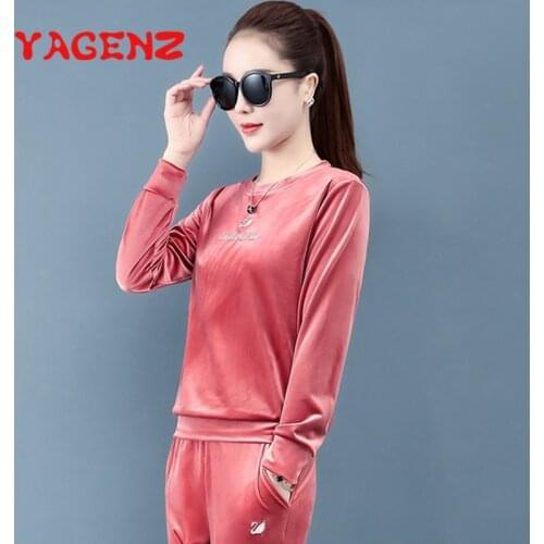 YAGENZ Gold velvet suit 2 Piece Set Women Plus size Tracksuit Fashion Tops And Long Pant Autumn Casual Ladies Two Pieces Set 675