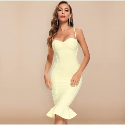 BEAUKEY Red Yellow Bandage Dress Party Elegant Spaghetti Bodycon Vestidos Women Mermaid Runway Party Club Dress