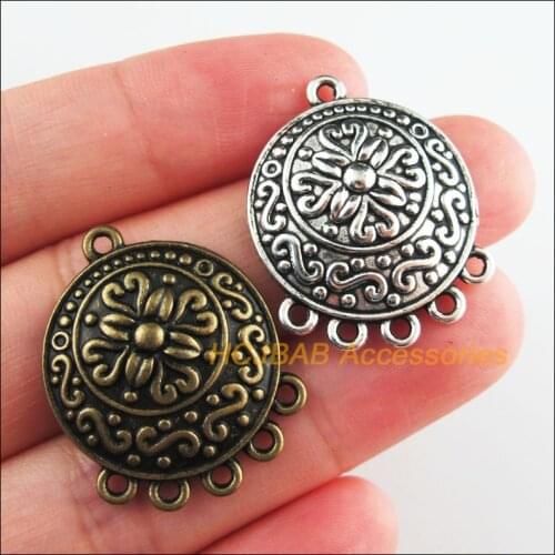 10Pcs Retro Tibetan Silver Tone Antiqued Bronze Tone Round Flower Charms Connectors 23x28.5mm