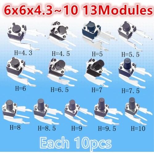 130pcs Assorted Micro Tactile Push Button Touch Tact Switch Kit 6x6x4.3~13 DIP Big Horizontal Stand Electrical appliances Repair