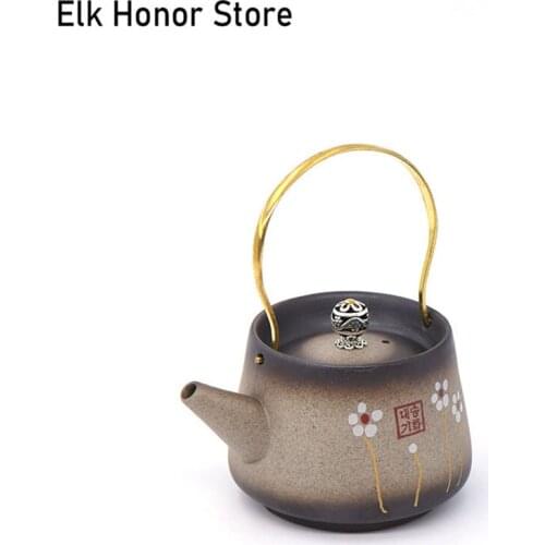 220ml Retro Coarse Pottery Loop-handled Teapot Hand Painted Sunflower Art Teapot Household Teakettle Master Pots Gift Packaging