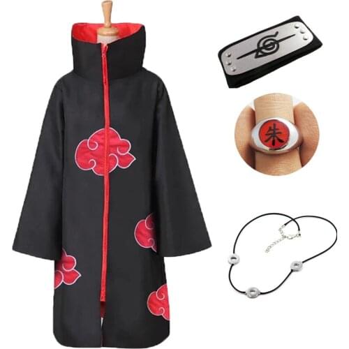 3Pcs Itachi Cosplay Costume Long Robe halloween costumes with Headband and Ring Red Cloud Cloak Costume