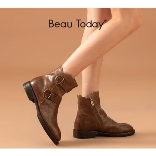 BeauToday Women Boots Genuine Cow Leather Ankle Length Retro Style Buckle Design Ladies Boots with Side Zipper Handmade 03659