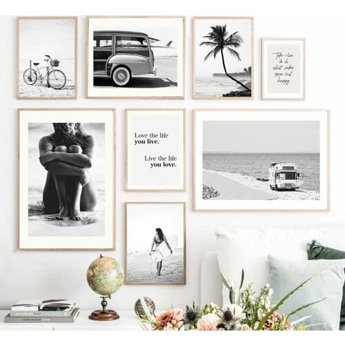 Black White Surfer Girl Palm Tree Bicycle Wall Art Canvas Painting Nordic Posters And Prints Wall Pictures For Living Room Decor