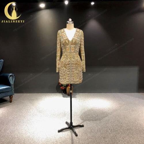JIALINZEYI Real Zuhair Murad Long Sleeves Full Beads Luxurious V Neck Knee Length robe de soirée de m Party Dresses Prom dresses