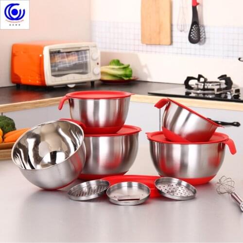 Stainless Steel Mixing Bowls With lid Handle Non-Slip Silicone Base DIY Cake Baking Mixer Bowl Salad Grater Kitchen Cooking Tool
