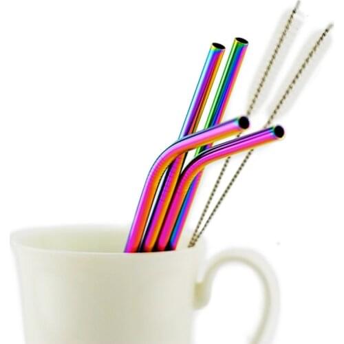 Reusable Metal Straws 1/2/4/6 Sets 304 Stainless Steel Straight Bent Drinking Straw 2 Cleaning Brush per Set Party Bar accessory