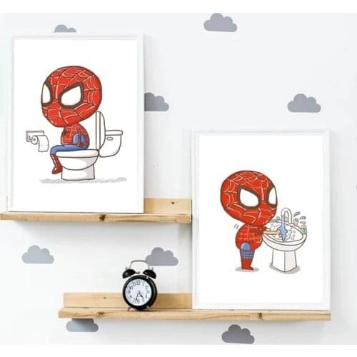 Marvel Superhero Spider-man Cartoon Bathroom Disney Canvas Painting Funny Brushing Bathroom Wall Art Print And Poster Home Decor