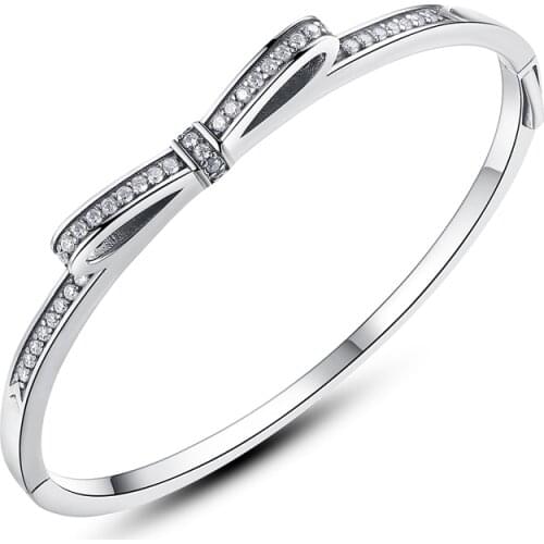Free Shipping Authentic 925 Sterling Silver Bow Open Bangle Fit Original Charm For Women DIY Jewelry S925 Bracelets