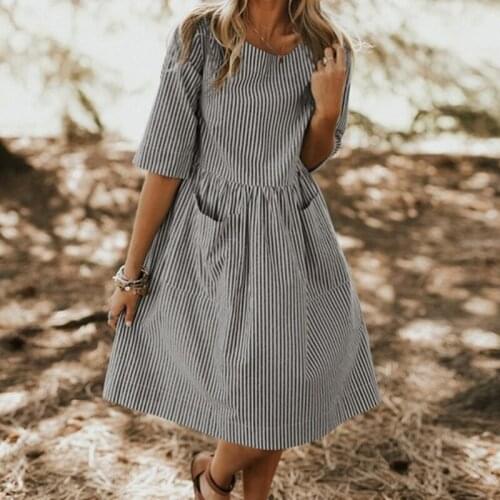 Women Dress Casual O Neck Shirt Dress Women Summer Half Sleeve Pocket Dress Femme Striped Print A-line Loose Dress