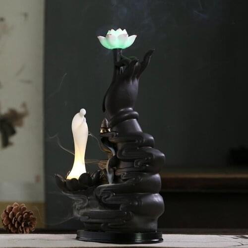 Buddha Backflow Incense Burner Led Light Smoke Waterfall Incense Stick Holder Ceramic Bergamot Lotus Zen Ornaments Handicrafts