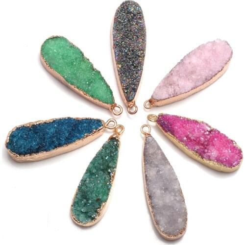 Natural Stone Druzy Agates Pendants Long Drop Shape Agat Charms Pendant for Jewelry Making DIY Necklace Accessories Size 12x24mm