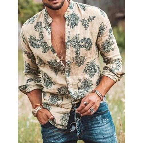 2021Spring And Summer Clothes Cotton Linen Shirt Men Long Sleeves Print Hawaiian Beach Casual Single-Breasted Stand Collar Shirt