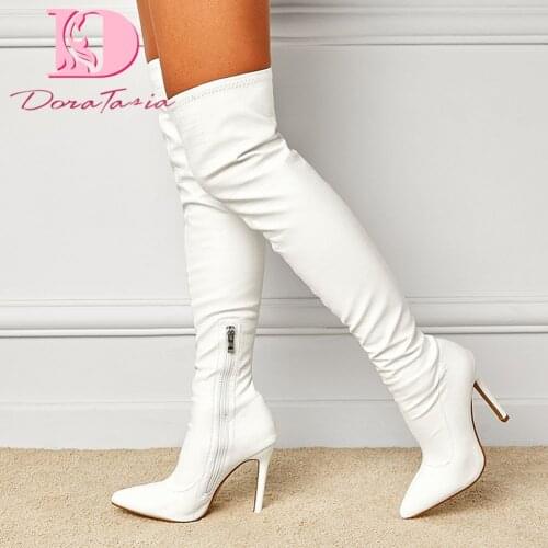 DoraTasia Black Zip Over The Knee Boots For Women 2021 Pointed Toe Slim Thin High Heels Thigh Boots Female Sexy Party Club Shoes