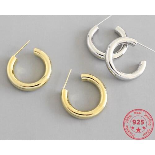Hot Style European American Pure 925 Silver Trendy Concise C Shape Stud Earrings Fine Jewelry