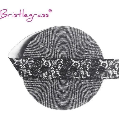BRISTLEGRASS 5 Yard 5/8" 15mm Black Lace Print FOE Fold Over Elastic Spandex Satin Band Hair Tie Headband Tutu Dress Sewing Trim
