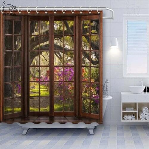 Wide Waterfall Deep Down In The Forest Seen From A City Window Epic Surreal Shower Curtain 3D Natural Landscape Bathroom Curtain