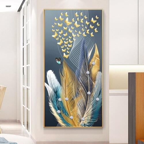 Modern Blue Gold Feather Butterfly Abstract Canvas Painting Wall Art Print and Poster Picture for Living Room Home Decoration