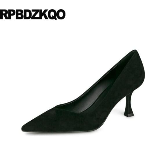 Court Black Size 4 34 Stiletto Female Genuine Leather 3 Inch Office Suede Pumps Thin High Heels Pointed Toe Shoes Work Women New
