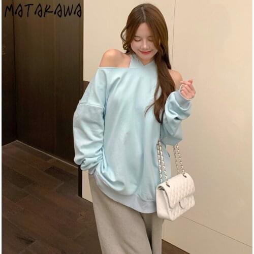 Matakawa Autumn Sweatshirts Korean Cross Neck Off Shoulder Simple Pullovers Fashion Solid Loose Casual Office Ladies Tops