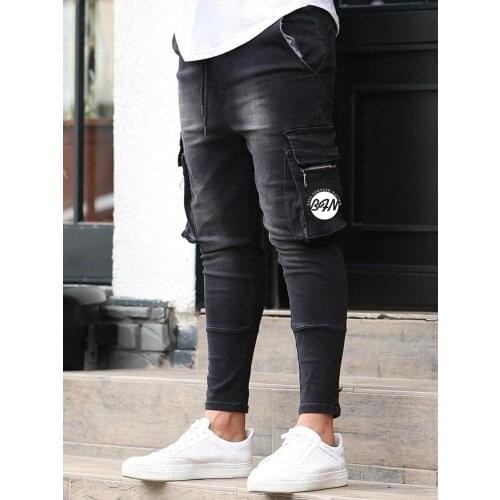 Spring Mens Plus-Size S-3XL Black Blue Fashion Casual All-Match Side Pocket Small Leg Pants Tight-Rope Jeans