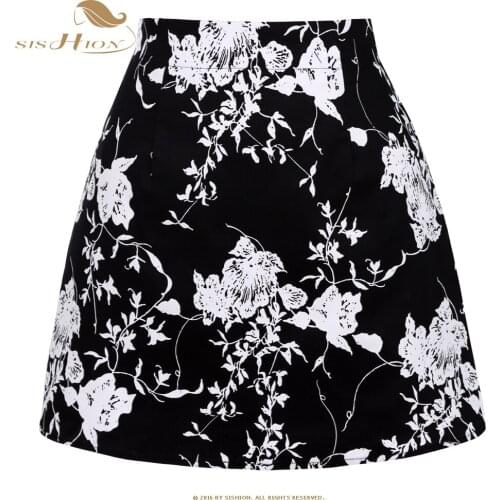 SISHION 50s Vintage Mini Skirts SS0008 White flowers on black Women Skirts Cotton A line High Waist Skirt