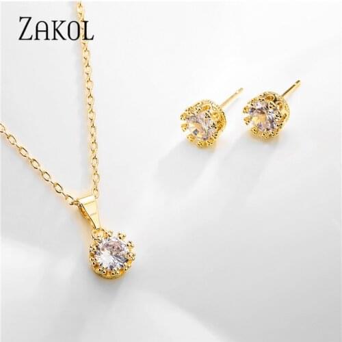 ZAKOL Fashion Crown Classic Shining Round Cz Zircon Small Stud Earrings Necklace Jewelry Set for Women Crystal Party Dress