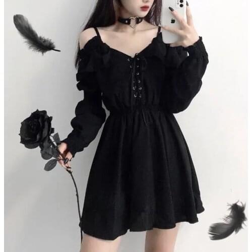 Lady Empire Eyelet Lace-up Lantern Sleeve Mini Camisole Dresses Women Black Gothic Deep V Neck Off Shoulder Dress 2021 Summer