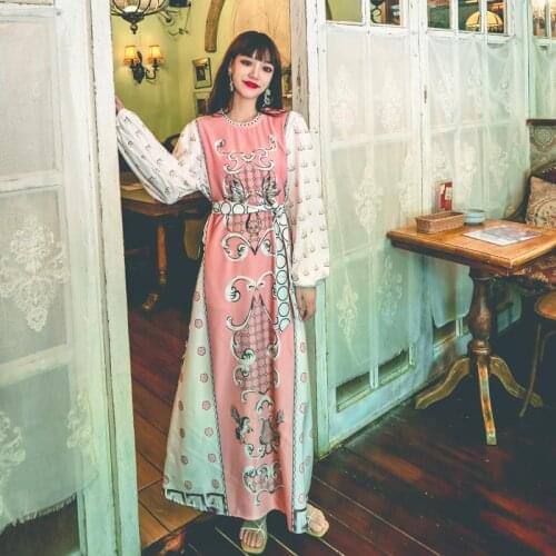 Retro Palace Wind Prints Ins Holiday Dress Autumn Temperament Round Collar Waist Show Thin Foam Sleeve Big-Laid Dress