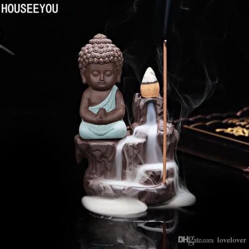 20Pcs Incense Cones + 1Pc Burner The Little Monk Small Buddha Censer Ceramic Waterfall Backflow Incense Burner Holder Home Decor