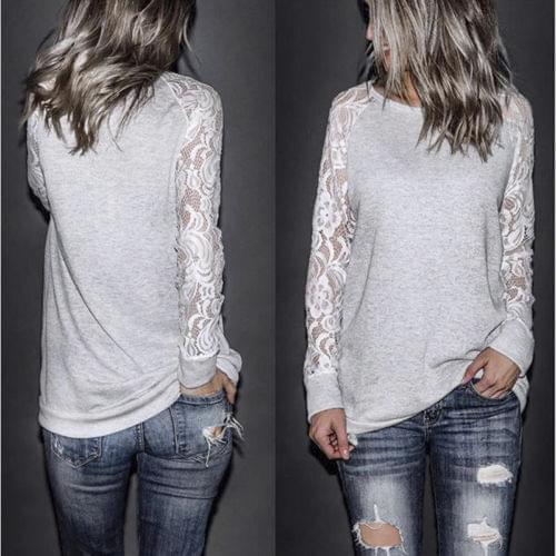 2018 Fashion Women Loose Long Sleeve Tops Blouse O-neck Lace Perspective Sleeve Shirt Casual Cotton Solid Pullover Gray