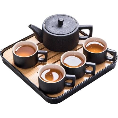 Japanese-Style Black Pottery Portable Travel Tea Set Outdoor Set Teapot Ceramic Kung Fu Cup Tea Tray Custom Logo