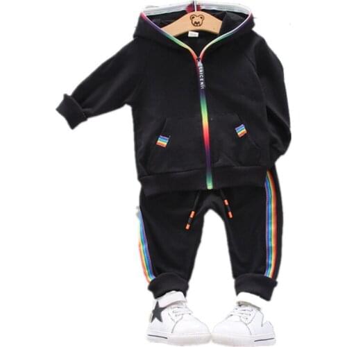 Kids Spring Autumn Baby Clothes Suit Toddler Cotton Infant Clothing Children Boy Girl Hooded Rainbow Zip Jacket Pants 2 Pcs/set