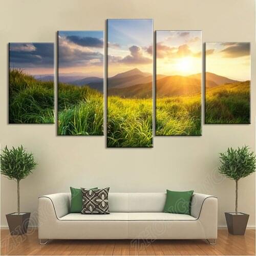 Canvas Print Painting Home Decor 5 Pieces Mountain Valley Prairie During Sunset Nature Scenery Poster Modular Wall Art Pictures