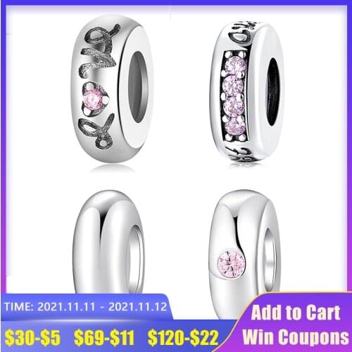 Round Shape Spacer Stopper Beads 925 Sterling Silver Pink Zircon Decorate Fit Original europeu Charm Bracelet Jewelry making