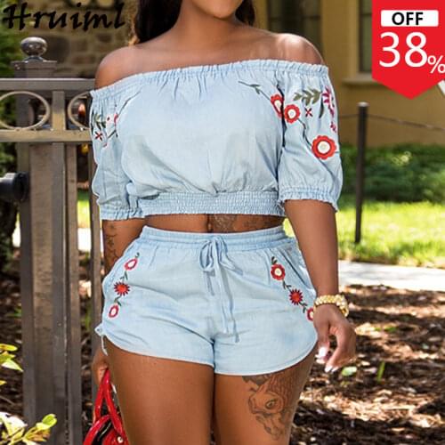 Fashion Short Pants Two Piece Set Women Off Shoulder Short Sleeve Crop Tops Floral Print Summer Beach Pantalones Cortos De Mujer