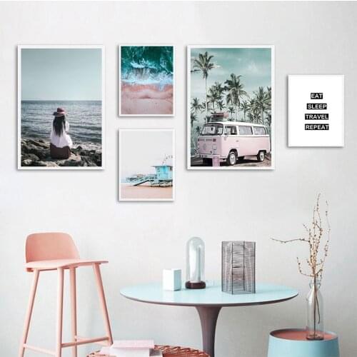 Ocean Landscape Canvas Nordic Style Beach Pink Bus Wall Art Print Painting Decoration Picture Scandinavian Home Decor