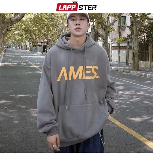 LAPPSTER Men Fleece Harajuku Hooded Hoodies 2020 Mens Japanese Streetwear Sweatshirts Male Korean Winter Hip Hop Grey Clothing
