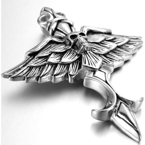 Mens Gothic Biker Skull Motorcycle Stainless Steel Pendant Necklace, Wing,stainless steel men s jewelry