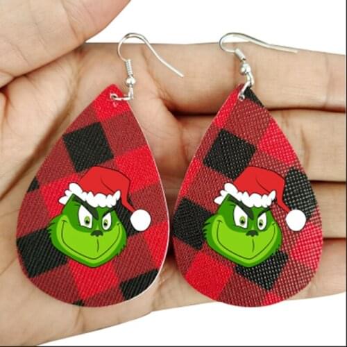 New Black Red Buffalo Plaid Pattern Leaf Grinch Santa Christmas Earrings