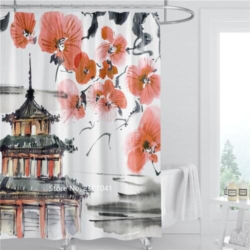 New Chinese Style Landscape Ink Painting Shower Curtain Washable Shower Partition Curtain Waterproof and Mildew Proof with Hook