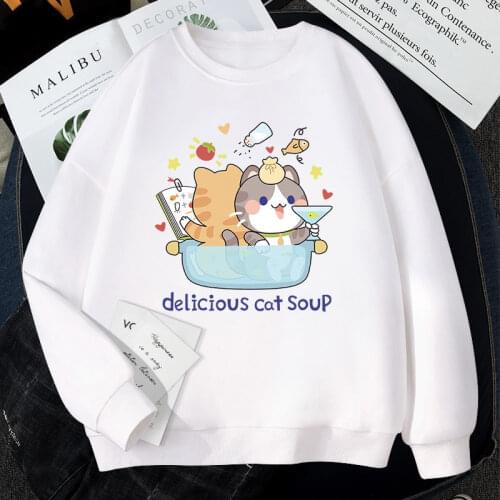 Autumn Harajuku Casual Pullover Female Sweatshirt Hoodies Bath Cat Print Korean Winter Women Loose Oversize Long Sleeved Tops
