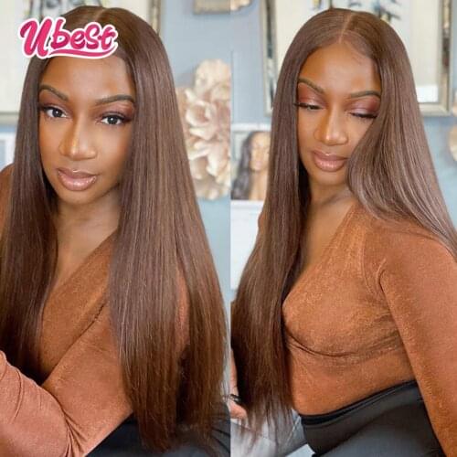 Ubest #4 Chestnut Brown Color Straight Lace Front Human Hair Wigs Pre Plucked 180% Peruvian 13x4 Transparent Lace Frontal Wig