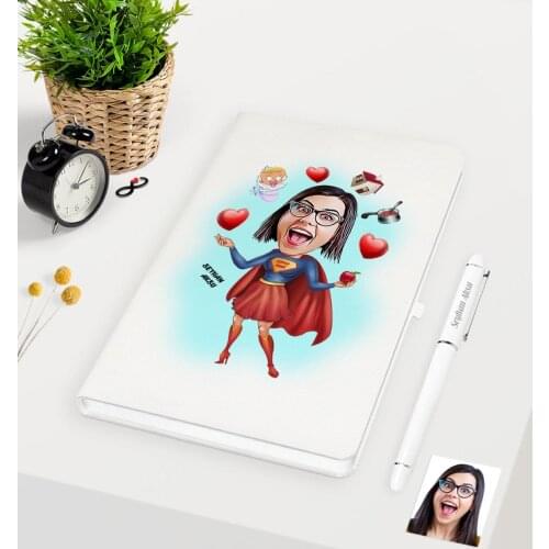 Personalized Super Mom Caricature Of White Notebook Pen set