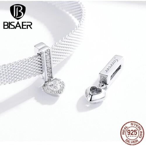 Love Heart BISAER 925 Sterling Silver Beads Cubic Zircon Love Heart Charms fit for Bracelets Silver 925 Jewelry Making ECX109