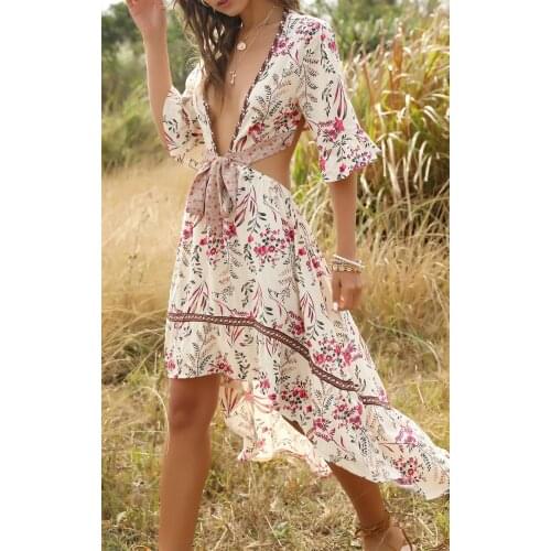 Popular Bohemian deep V-neck lace up open back retro print irregular swing dress